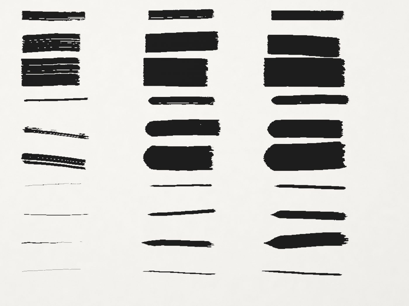 A brush calibration sheet: strokes from ten brushes at three pressures.