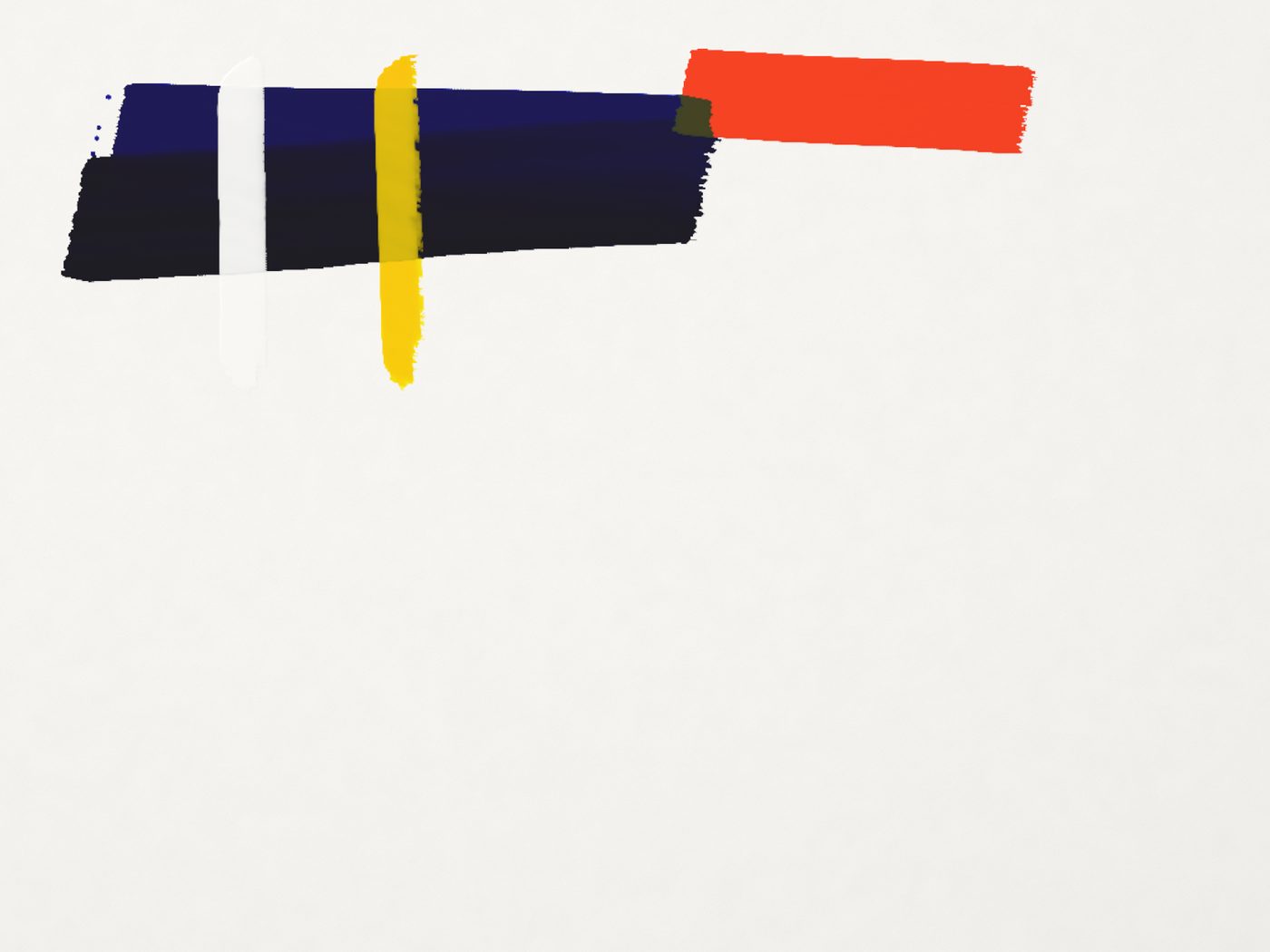First gouache test sheet: white over dark blue, yellow blended into wet red, dry-brush streaks.