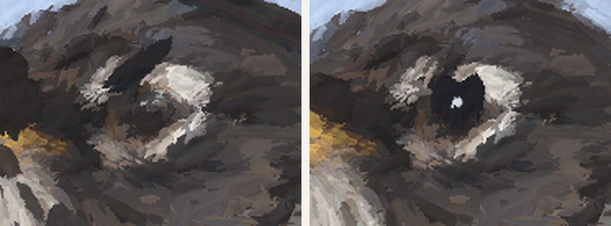 The eye after automatic dabs, smeared, and after the hand-aimed touch with a catchlight.