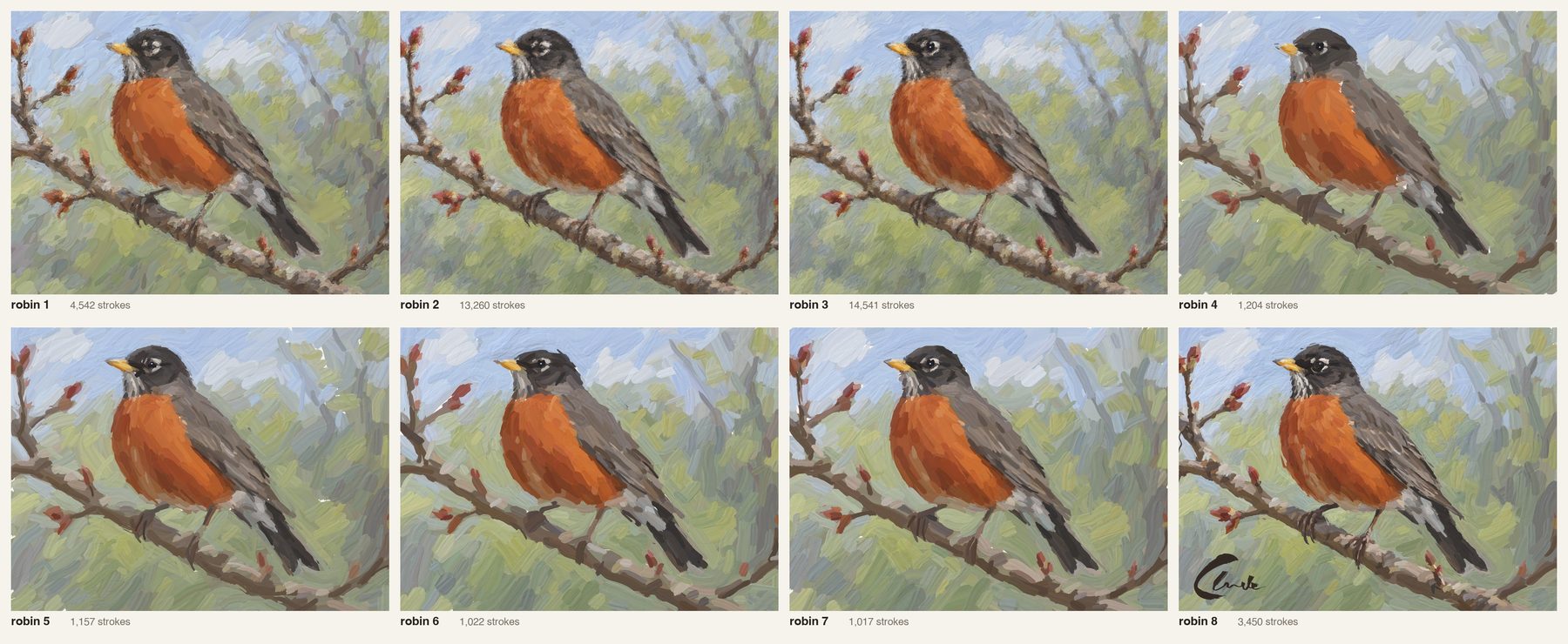 All eight robin paintings in a grid with stroke counts.