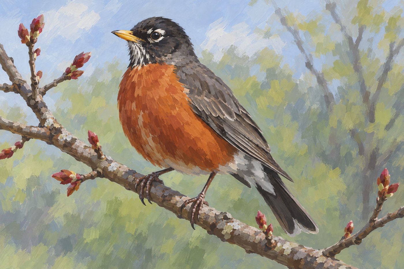 The robin reference: an American robin on a budding branch, painted loosely.