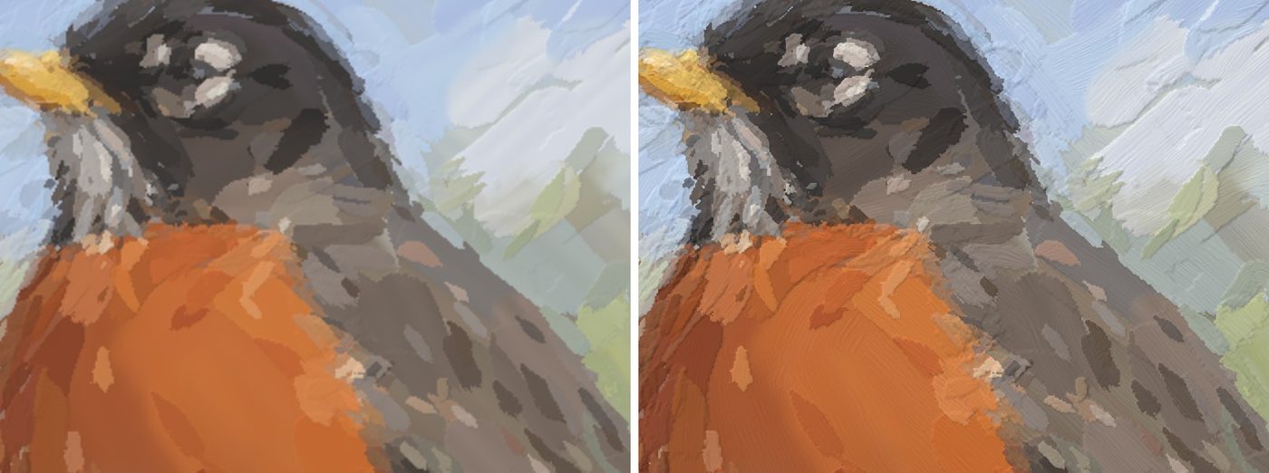 Close-up of the robin's head in old and new renders, showing furrows and relief.