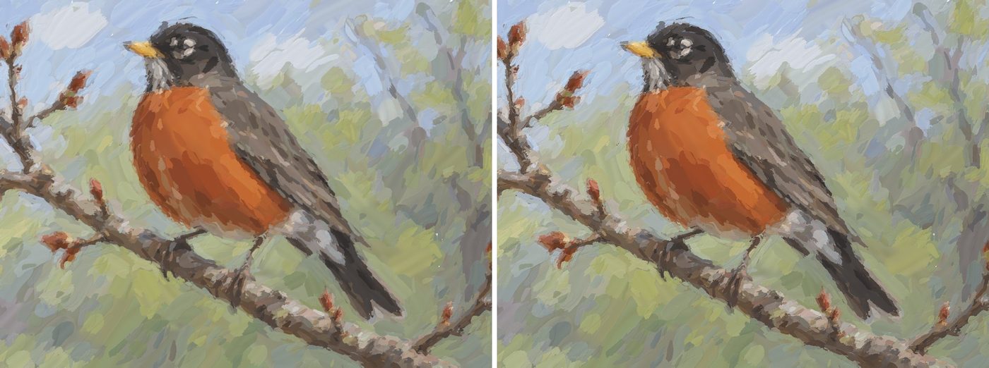 Robin 1 in the old flat render and the new realistic render, side by side.