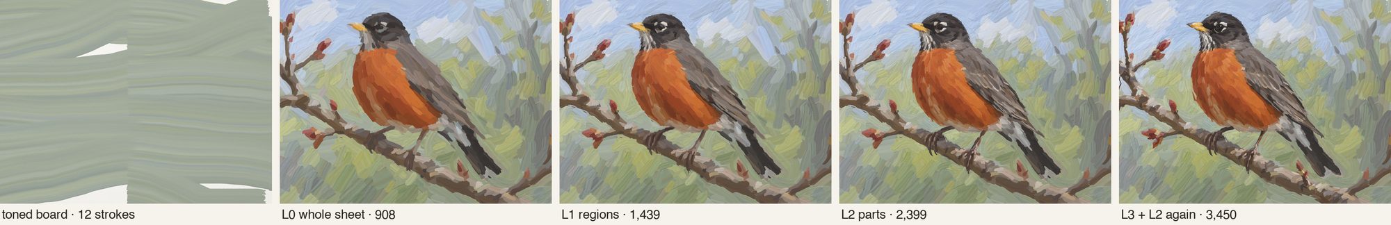 Five stages of robin 8: toned board, after L0, after L1, after L2, final.