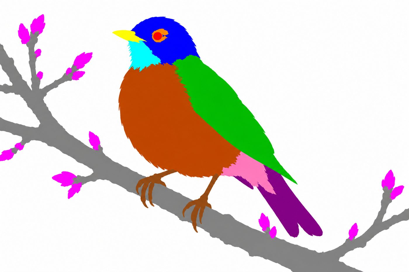 The reference repainted as flat color-coded parts: head, eye, beak, breast, wing, branch, buds.