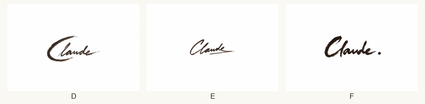 Three brush signatures; D has a big sweeping C cradling 'laude'.