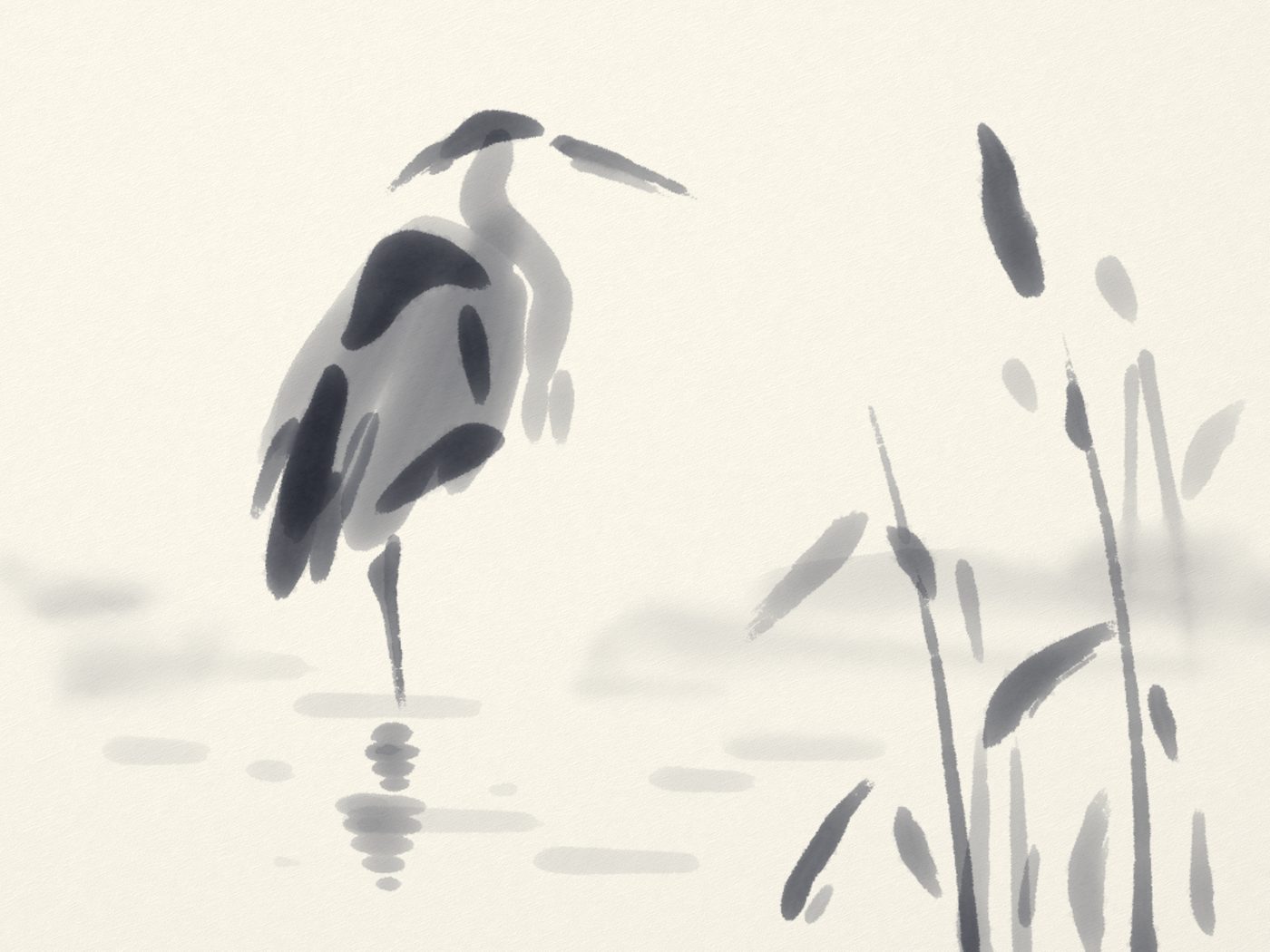 The first painting Claude made with the sim: a sumi-e heron among reeds, loose and blotchy.