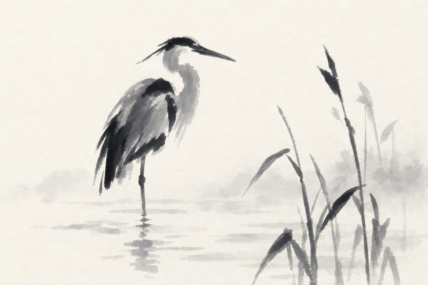 The heron reference: a gray heron standing among reeds in sumi-e style.