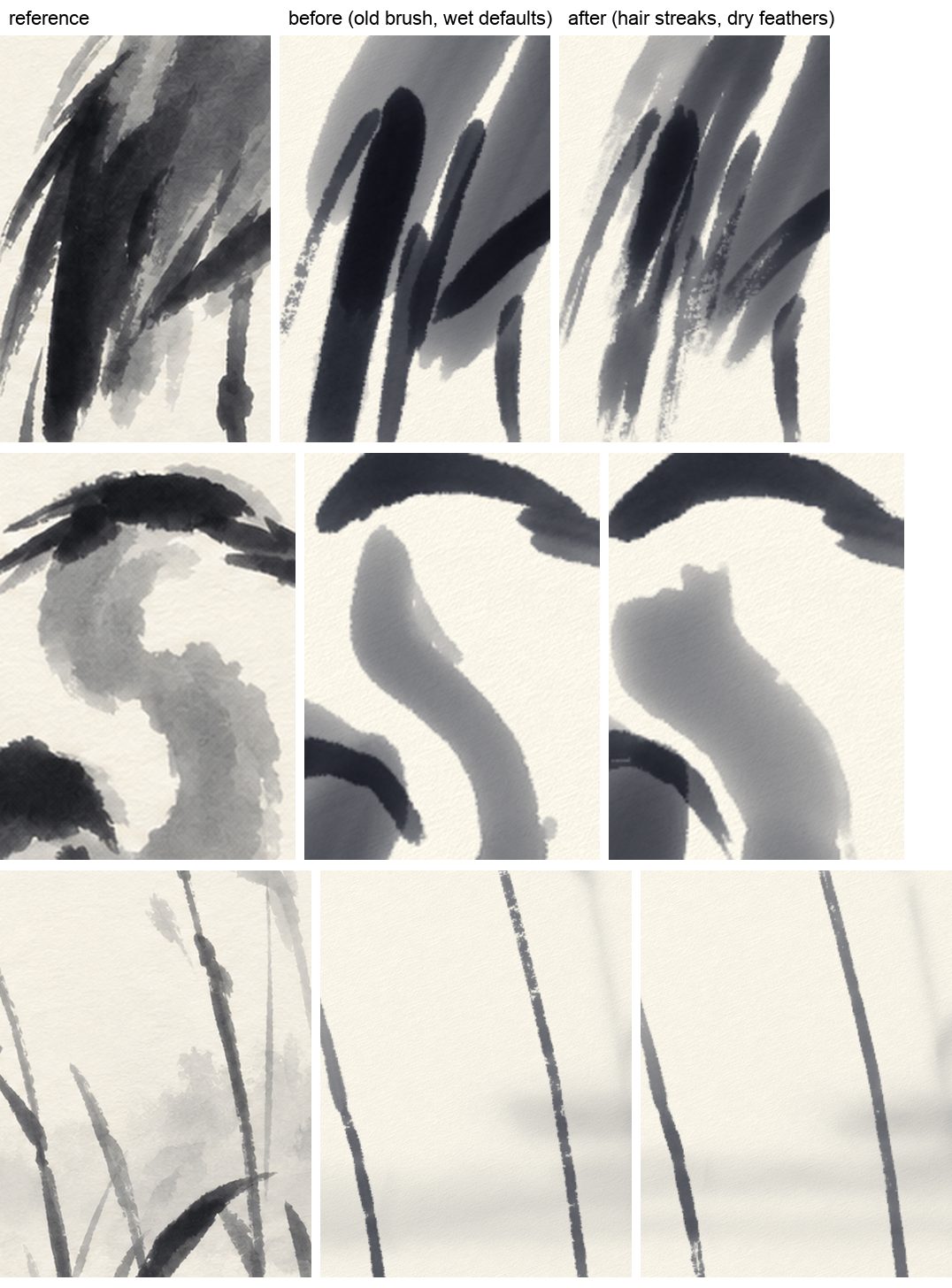 Three columns of crops: reference, old brush, hair-streak brush.