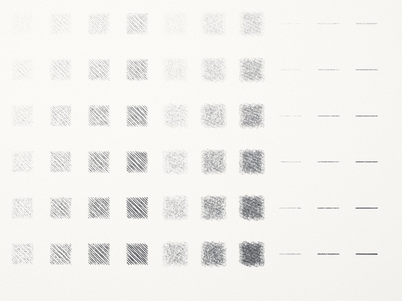 Pencil calibration sheet: grades by pressure, hatch and side-of-lead patches.