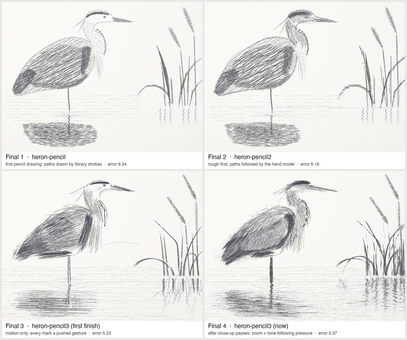 The first four pencil herons, labeled with their errors.