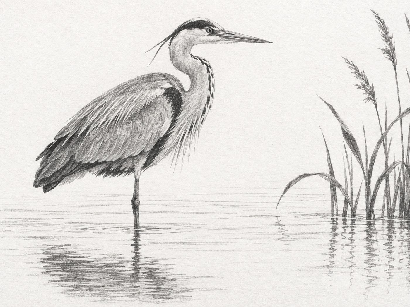 The pencil heron reference: a detailed graphite heron in shallow water with reeds.