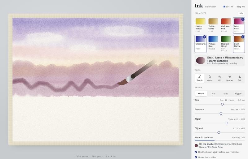 The bristle brush mid-stroke, with the mix readout in the side panel.