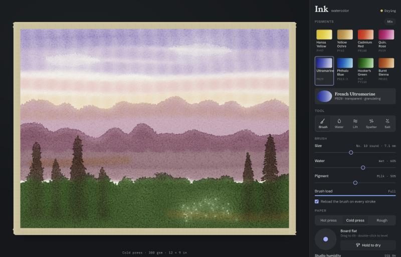 Version 1 demo: a misty dusk landscape with soft washes.