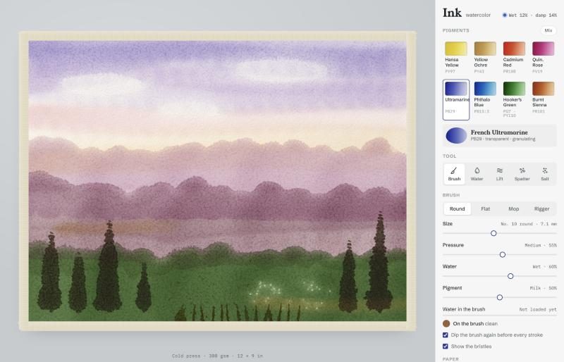 Pines painted as soft blobs.